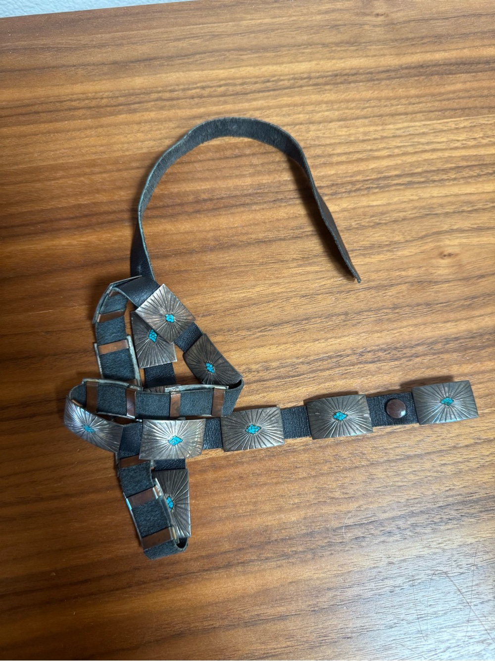 Vintage Black Leather Sterling Silver Concho Belt with Turquoise Accents